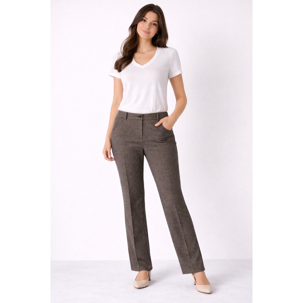 Carlisle Brown Black Micro Houndstooth Wool Silk Blend Straight Leg Pants Sz 14